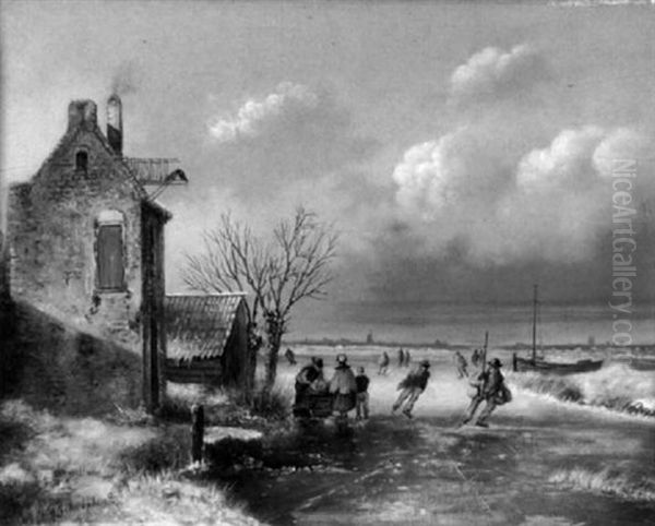 Skating Oil Painting by Andreas Schelfhout