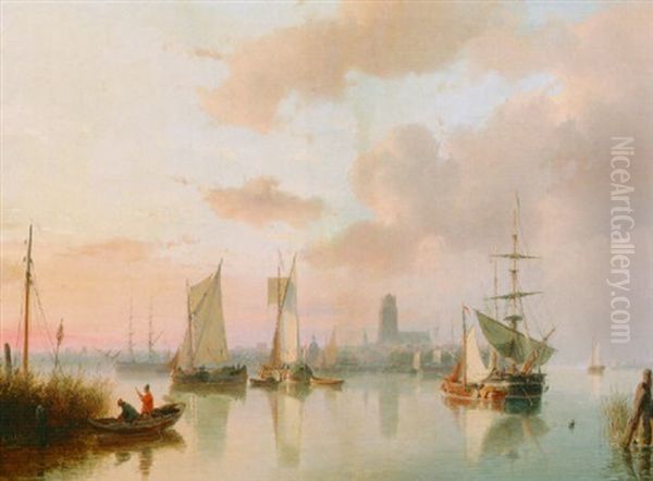Boats On The Merwede Near Dordrecht Oil Painting by Andreas Schelfhout