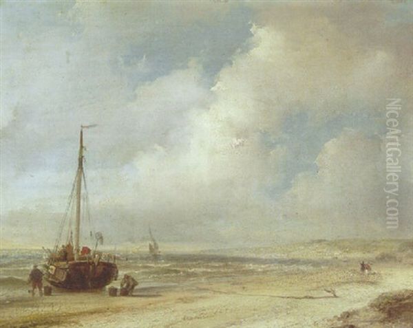 Bringing The Catch Ashore Oil Painting by Andreas Schelfhout