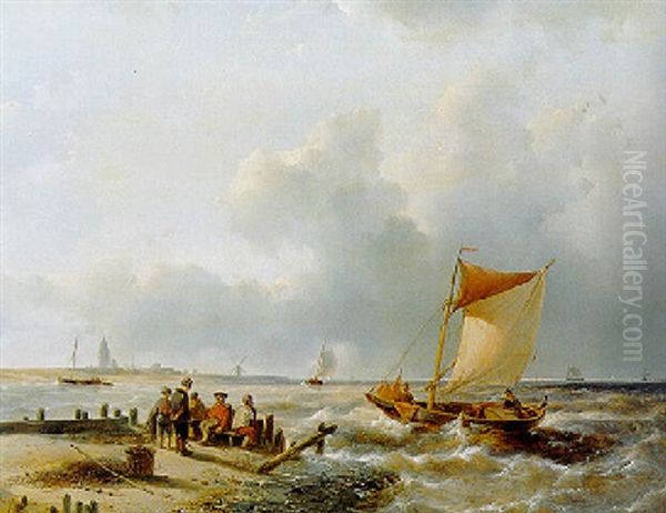 Sailors On A Pier Overlooking An Estuary Oil Painting by Andreas Schelfhout