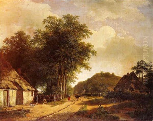 A Summer Landscape With A Peasantwoman And A Donkey On A Sandy Path Along A Farm Oil Painting by Andreas Schelfhout