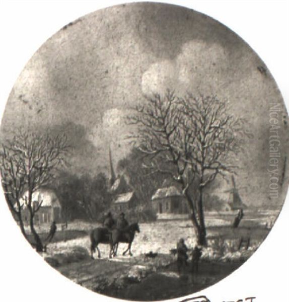 Winterliche Kanallandschaft Mit Reiterpaar Oil Painting by Andreas Schelfhout