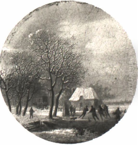 Winterliches Eisvergn_gen Oil Painting by Andreas Schelfhout