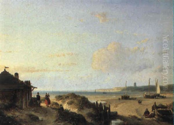 Fisherfolk On The Shore On A Sunny Day Oil Painting by Andreas Schelfhout