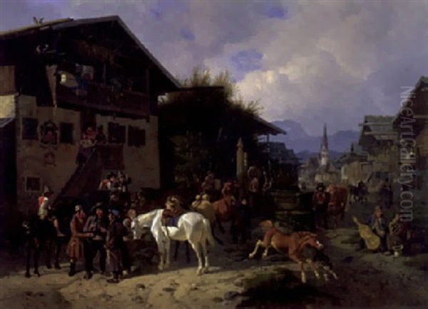 Pferdemarkt In Partenkirchen Oil Painting by August Franz Schelver