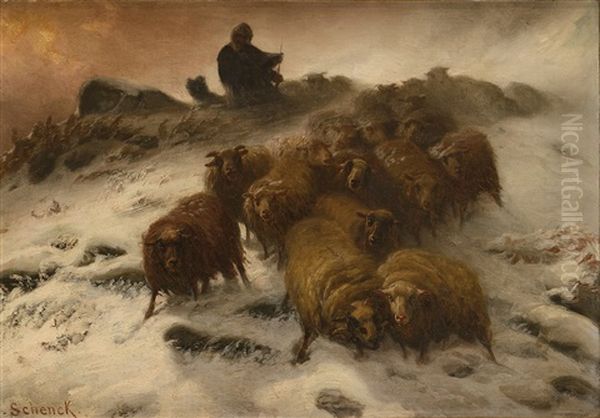 Troupeau De Moutons Dans La Tempete Oil Painting by August Friedrich Albrecht Schenck