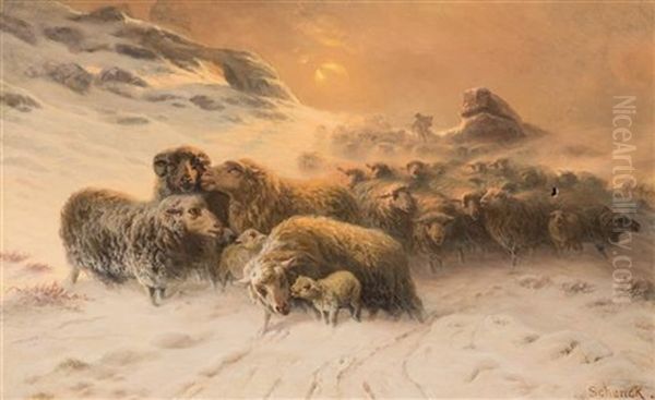 Sheep In Snow Oil Painting by August Friedrich Albrecht Schenck