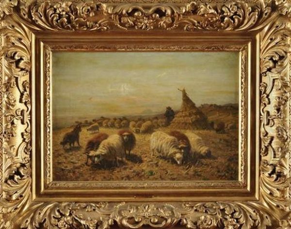 Berger Et Ses Moutons Pres Des Meules Oil Painting by August Friedrich Albrecht Schenck