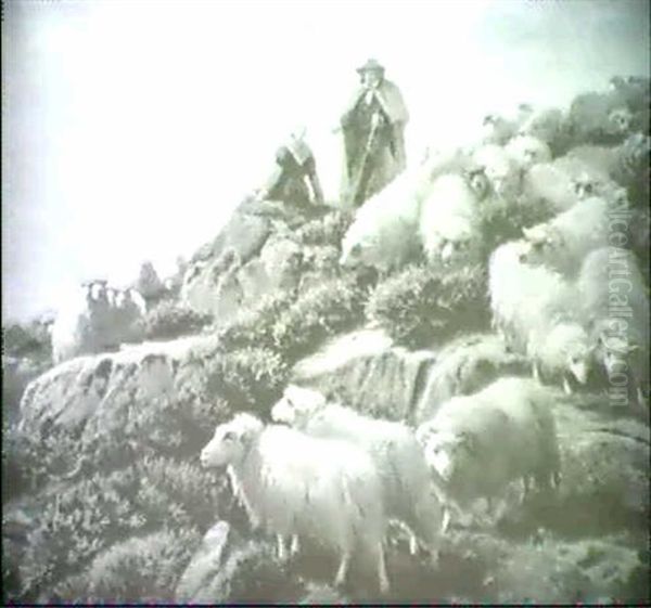 Hirtenidyll, Schafer Mit Hirtenmadchen Und Schafen In       Heidelandschaft Oil Painting by August Friedrich Albrecht Schenck