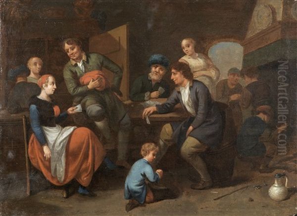 An Interior Scene With Figures Conversing Oil Painting by Bernardus Van Schendel