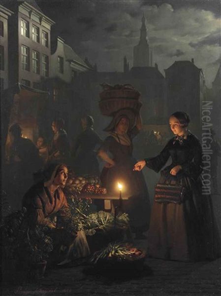 A Moonlit Vegetable Market On De Grote Markt, The Hague Oil Painting by Petrus van Schendel