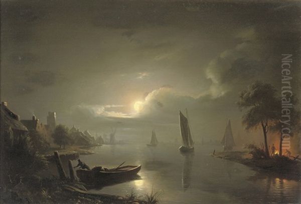 Maanenschijn: Sailing At Night Near Rotterdam With The St. Laurenskerk Beyond Oil Painting by Petrus van Schendel