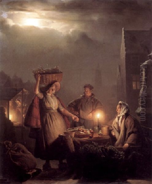 Figures In A Market By Moonlight Oil Painting by Petrus van Schendel