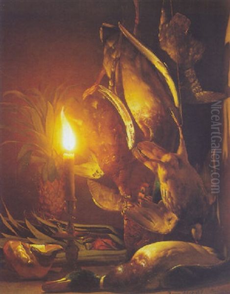 Candle-lit Still Life With Game And A Pineapple Oil Painting by Petrus van Schendel