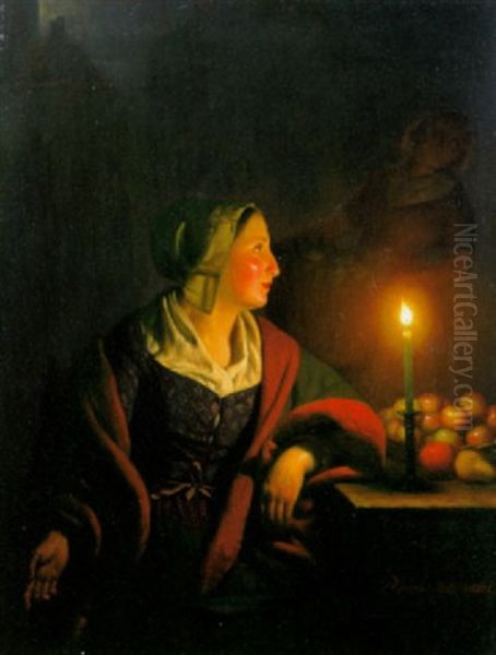Die Apfelverkauferin Im Kerzenlicht Oil Painting by Petrus van Schendel