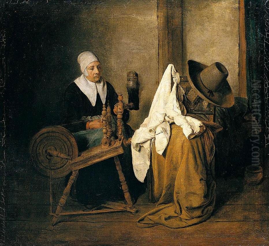 Interior With An Old Woman At A Spinning Wheel Oil Painting by Esaias Boursse