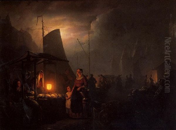 A Market Square At Night With Several Townsfolk By Dead Game And Grocery Stands, Bruxelles Oil Painting by Petrus van Schendel