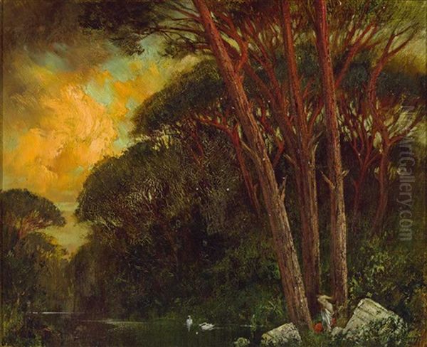 Abendliche Landschaft Mit Badender Am Waldteich Mit Schwanen Oil Painting by Hans Friedrich Emanuel Van Schennis