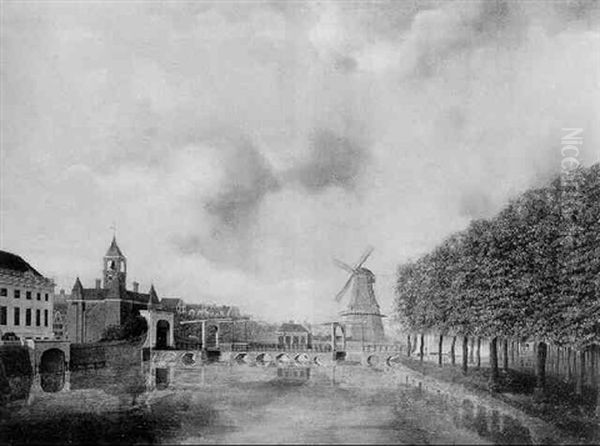 View Of The Leydsche Poort On The Singelgracht, Amsterdam, With The Stadsschouwberg On The Left, The Roomolen Beyond, And The Leidse Bosje On The Right Oil Painting by J. Schepens