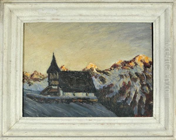 Kapelle Im Verschneiten Gebirge Bei Dammerung Oil Painting by Fritz Scherer