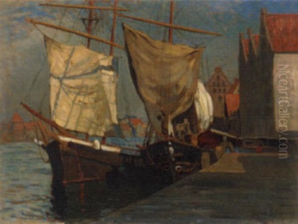 Fischerboot Am Kai Oil Painting by Alfred Scherres