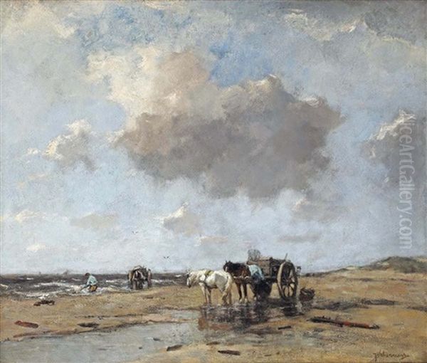 Gathering Driftwood Near The Shore, Katwijk Oil Painting by Johan Frederik Cornelis Scherrewitz