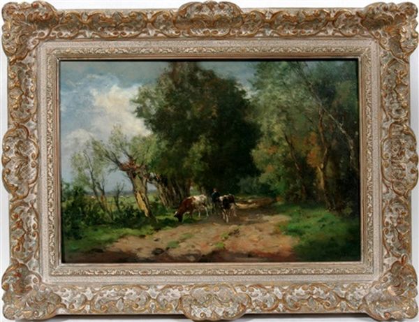 Man With Cows In Landscape Oil Painting by Johan Frederik Cornelis Scherrewitz