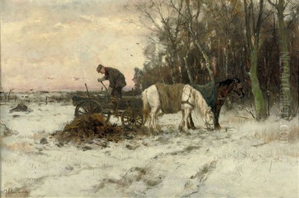 Unloading The Cart In Winter Oil Painting by Johan Frederik Cornelis Scherrewitz