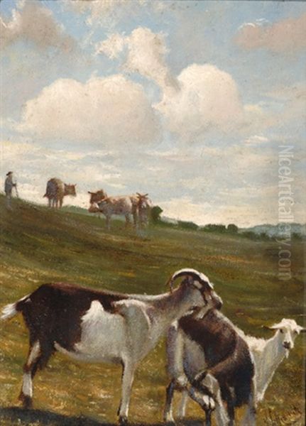 Billy Goat And Goats In A Landscape Oil Painting by Johan Frederik Cornelis Scherrewitz