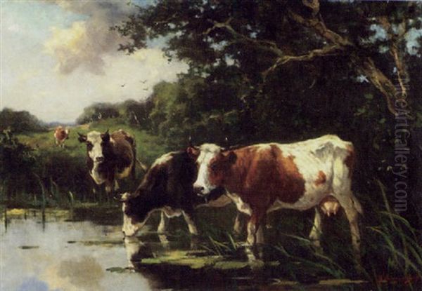 Cattle At A Woodland Pool Oil Painting by Johan Frederik Cornelis Scherrewitz