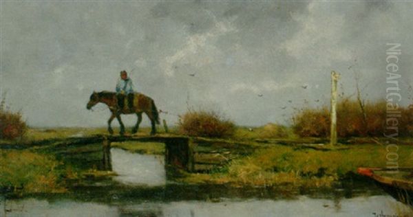 A Horse Pulling A Towboat Oil Painting by Johan Frederik Cornelis Scherrewitz