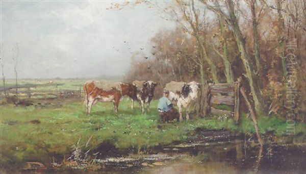 Milking Time Oil Painting by Johan Frederik Cornelis Scherrewitz