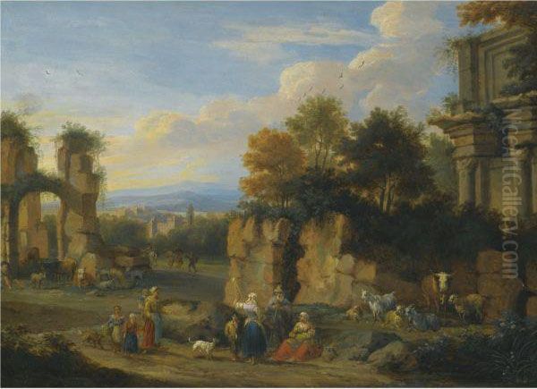 An Italianate Landscape With Figures Resting Near Ruins Oil Painting by Pieter Bout