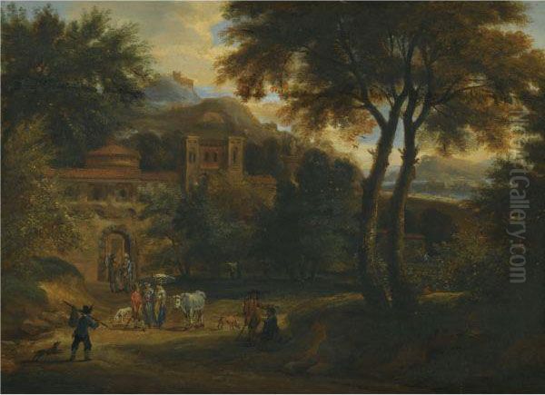 Figures On A Tree Lined Road Before A Walled Town Oil Painting by Pieter Bout
