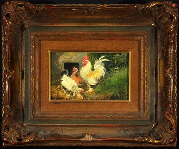Hahn, Huhner Und Kuken Am Wiesenrand Oil Painting by Julius Scheuerer