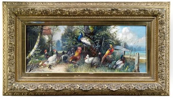 Federvieh Tummelt Sich Am Seeufer Oil Painting by Julius Scheuerer