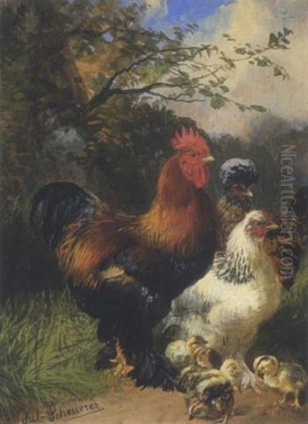 Huhnerfamilie Oil Painting by Julius Scheuerer