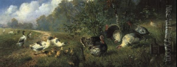 Federvieh Am Waldesrand Oil Painting by Julius Scheuerer