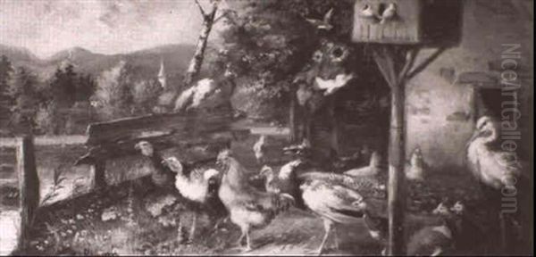 Turkeys, Chickens, Peacocks, Doves, Pigeons And A Heron Oil Painting by Julius Scheuerer