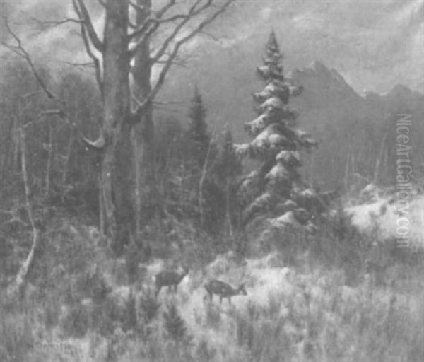 Rehe Im Winterwald Oil Painting by Otto Scheuerer