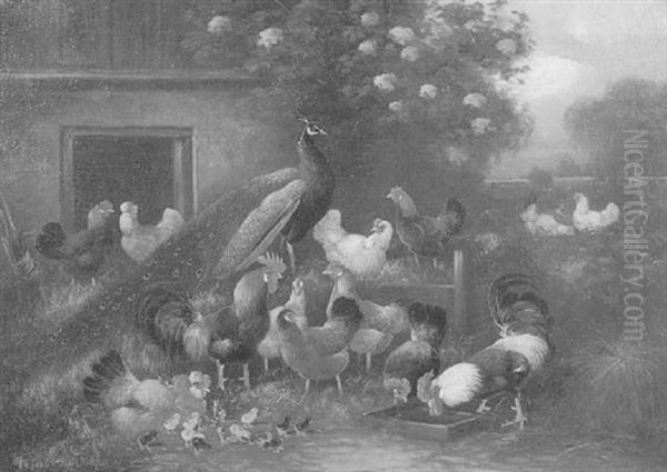 Huhnerhof Mit Pfau Oil Painting by Otto Scheuerer