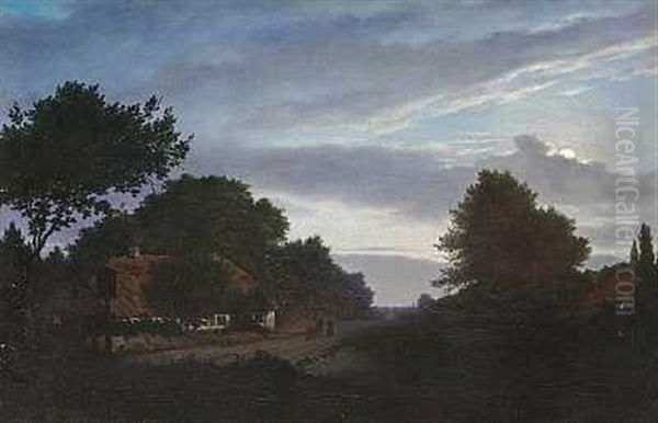 Maneskinslandskab Med Strataekt Hus Og Spadserende Pa En Skovsti Oil Painting by Carl Scheuermann