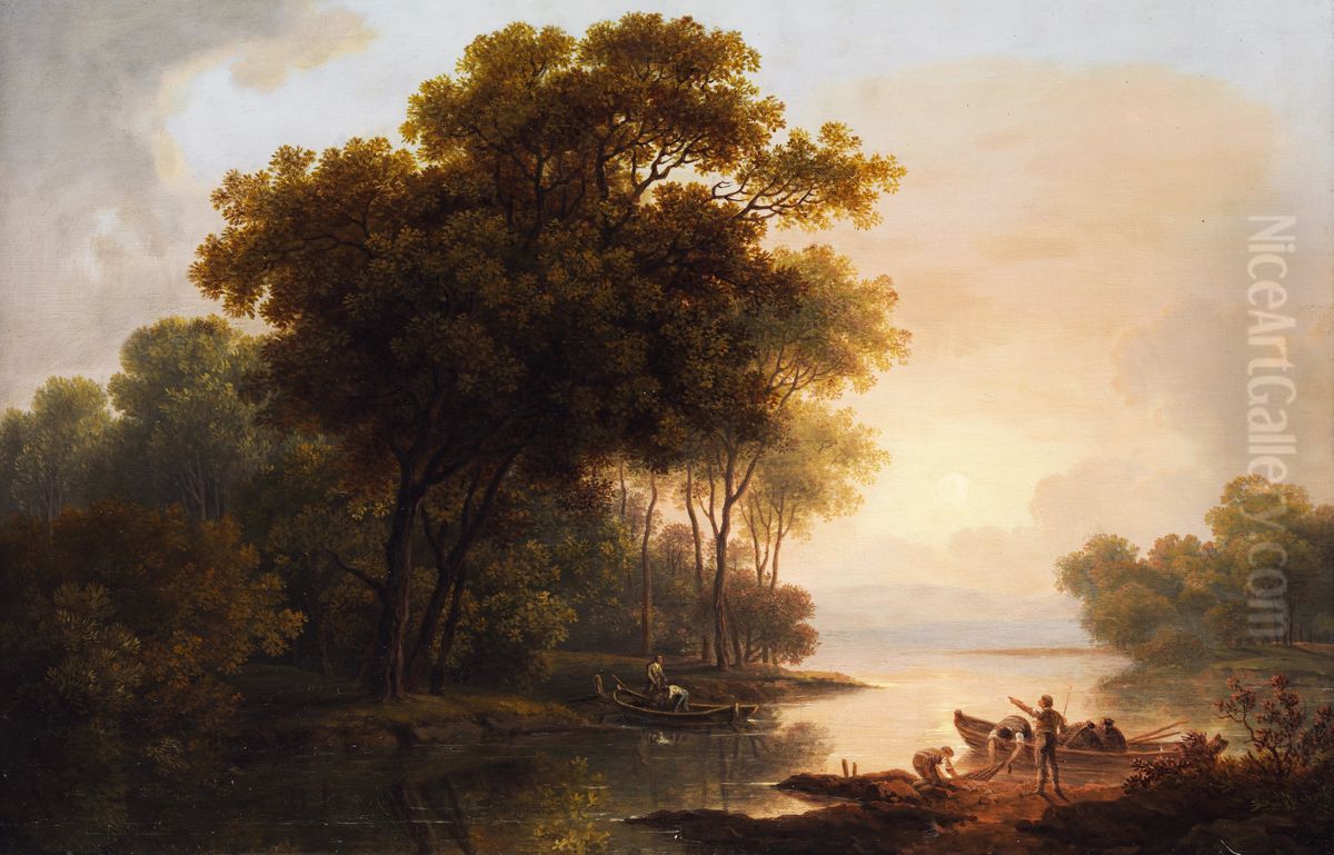 Baumlandschaft Mit Blick Auf Ein Seeufer Im Diesigen Spatlicht Oil Painting by Franz Scheyerer