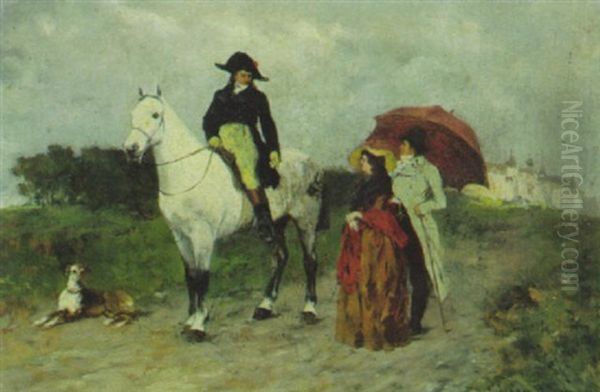 Unterhaltung Wahrend Eines Ausrittes Oil Painting by Julius Schgoer