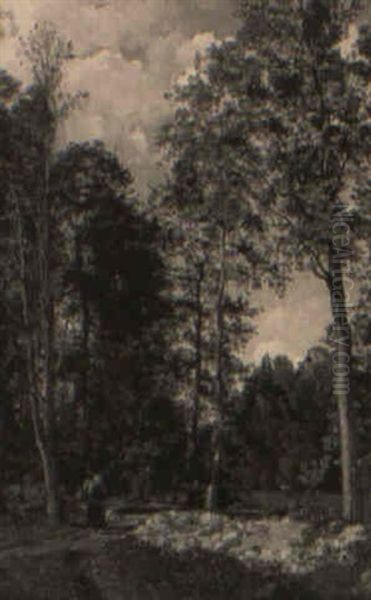 Skovparti Med Kvinde Og Barn, I Baggrunden Kirkespir Oil Painting by Rudolf Schick