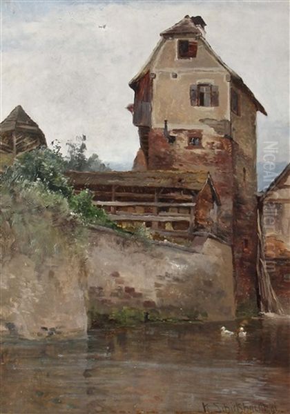 Fachwerkhaus Auf Der Flussmauer Oil Painting by Karl Schickhardt