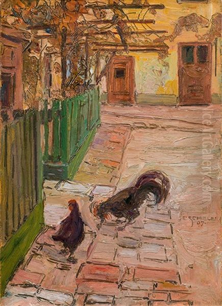 Gruner Zaun (schmiedehof, Klosterneuburg) Oil Painting by Egon Schiele