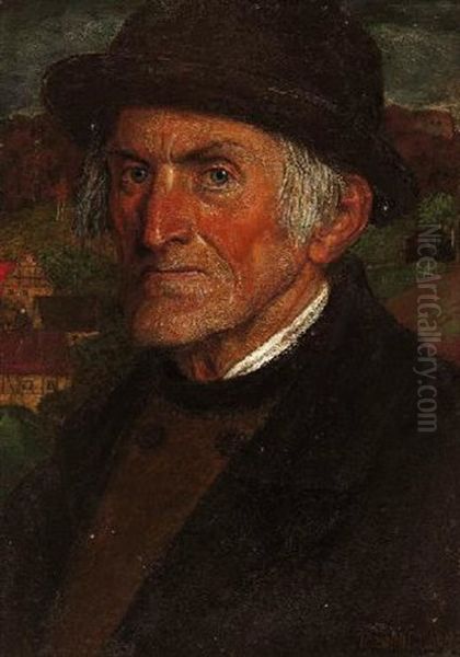 Portrat Eines Alten Bauern Vor Seinem Dorf Oil Painting by Matthaeus Schiestl