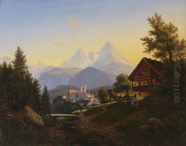 View Of Berchtesgaden Oil Painting by Anton Schiffer