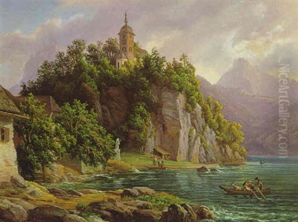 Parthie Von Traunkirchen Am Gmundner See Im Salzkammer Gute Oil Painting by Anton Schiffer